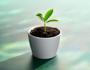 fresh green plant emerging from soil in minimalist white pot sy