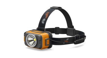 Fototapeta premium Durable Orange and Black LED Headlamp for Outdoor Adventures, Hands-Free Illumination on White Background