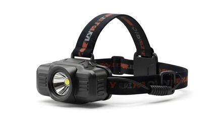 Fototapeta premium Durable Black LED Headlamp with Adjustable Elastic Strap, Isolated on White Background for Outdoor Activities and Hands-Free Illumination