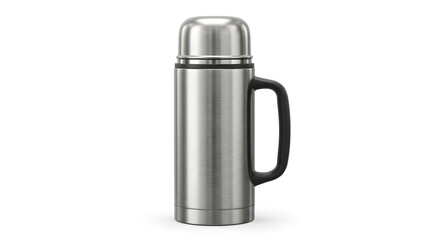 Modern Stainless Steel Vacuum Flask with Handle and Cup Lid, Isolated on White for Hot and Cold Beverages