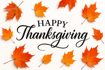 Minimal Thanksgiving greeting with the words “Happy Thanksgiving” in elegant black script, surrounded by scattered red and orange autumn maple leaves on a white background, symbolizing celebration