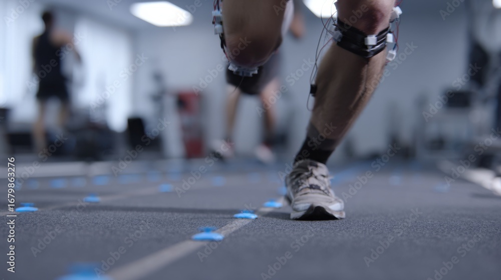 Aufkleber closeup of motioncapture markers attached to an athletes knee and foot with the athletes dynamic low