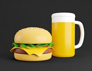 Cartoon burger and beer mug on dark background