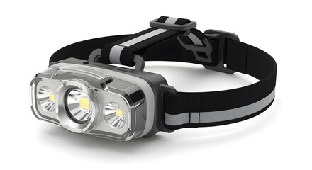 Bright LED Headlamp with Reflective Strap on White Background, Essential Gear for Outdoor Adventures and Hands-Free Lighting