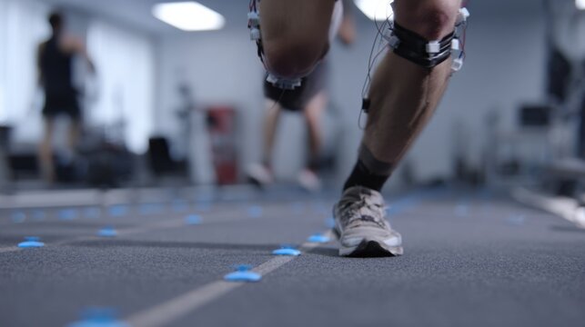 Closeup of motioncapture markers attached to an athletes knee and foot with the athletes dynamic lower body in sharp focus and the lab environment fading softly out of focus