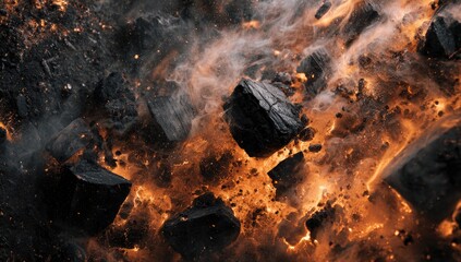 Charred wood pieces ablaze, with smoke and embers