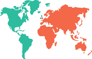 World map illustrated in orange and green colors, highlighting different regions and geographical features