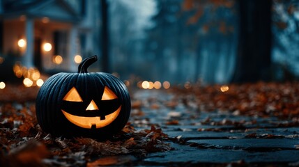 A haunting Halloween black pumpkin glows eerily on a misty autumn pathway, creating a spooky seasonal ambiance.