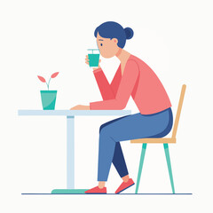 A woman sitting at a table, enjoying a cup of coffee, with a relaxed expression on her face