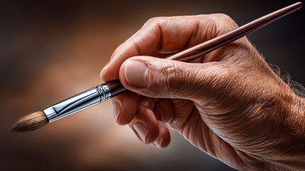 An artist's aged hand holds a paintbrush delicately, symbolizing creativity and experience in a warm, blurred background setting.