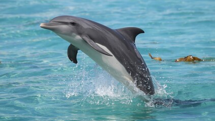 Fototapeta premium Dolphin leaping out of the clear turquoise water on a sunny day in the ocean