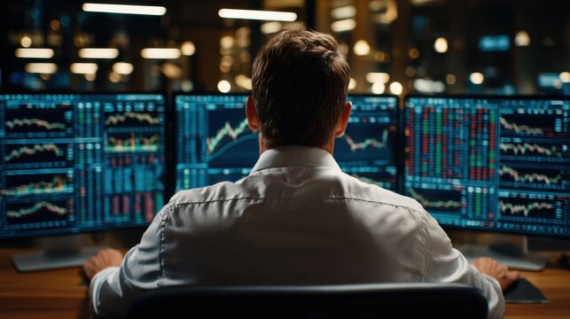 A stock trader intently studies multiple monitors showing financial data and graphs in a warmly lit office. Ideal for finance and investment concepts.