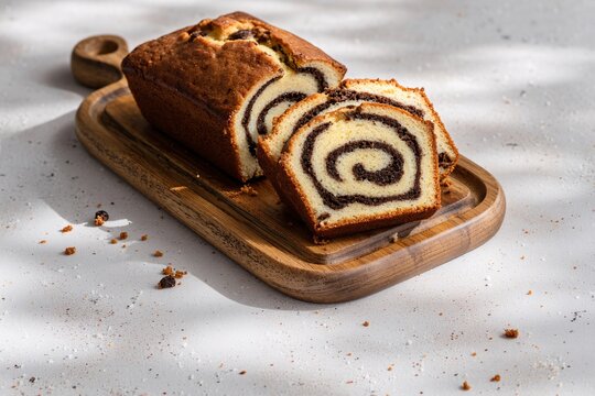 Marble cake loaf sliced on wooden board, top view