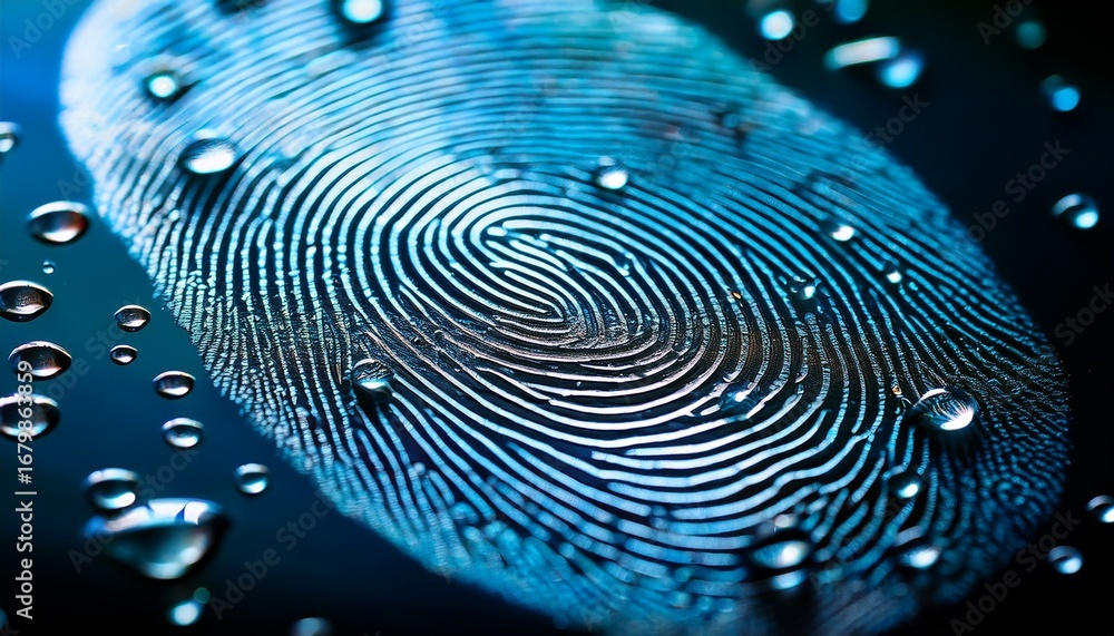 Poster biometric fingerprint a detailed close up showcases a biometric fingerprint enhanced by water drople