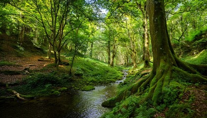 Obraz premium lush green forest with large tress next to a small stream