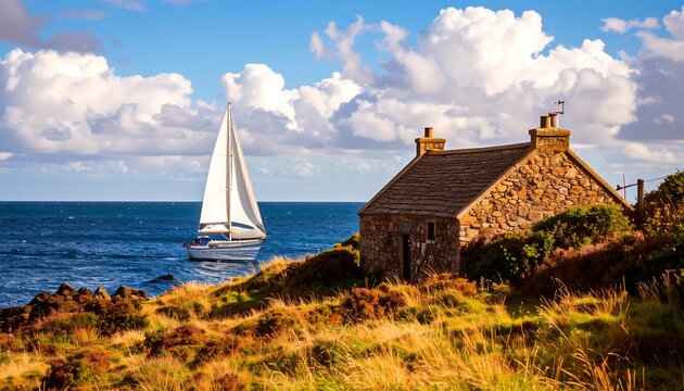 A sailboat on the ocean near a stone cottage