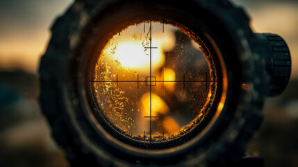 Sniper scope capturing a sunset through the lens