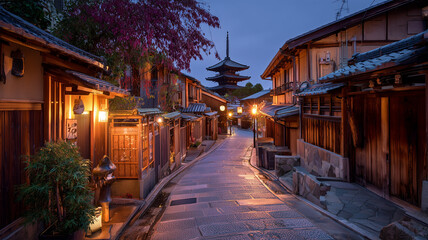 Fototapeta premium 京都の町家と石畳が灯る夕景の路地