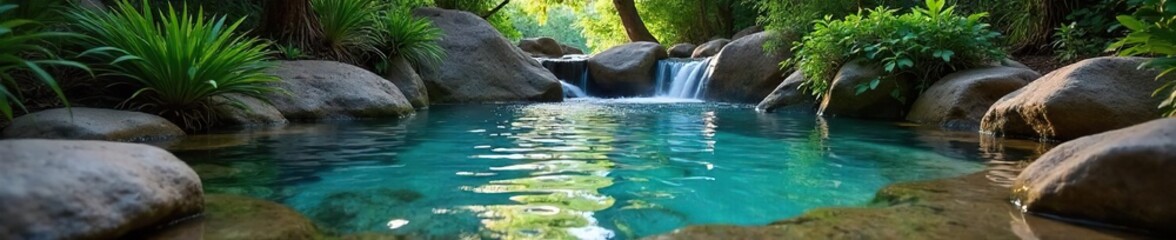 Fototapeta premium Relaxing outdoor hot spring with smooth stones, lush greenery, and cascading water Perfect for spa, wellness, and travel imagery , bamboo, geothermal, waterfall
