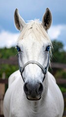 Obraz premium Close-up portrait of a graceful white horse with striking blue eyes, showcasing its gentle and intelligent expression.