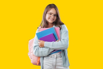Back to school. School student posing on background