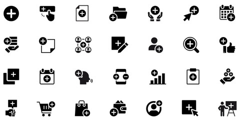 Add Icons set vector illustration collection includes essential symbols for creating and joining, new, add file, folder, augmentation, task, positive, duplicated, include, extra, schedule, notes, more