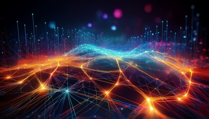 Fototapeta premium digital network a vibrant digital network pulsates with interconnected nodes its energy visualized through an interplay of glowing lines and points against a dark backdrop