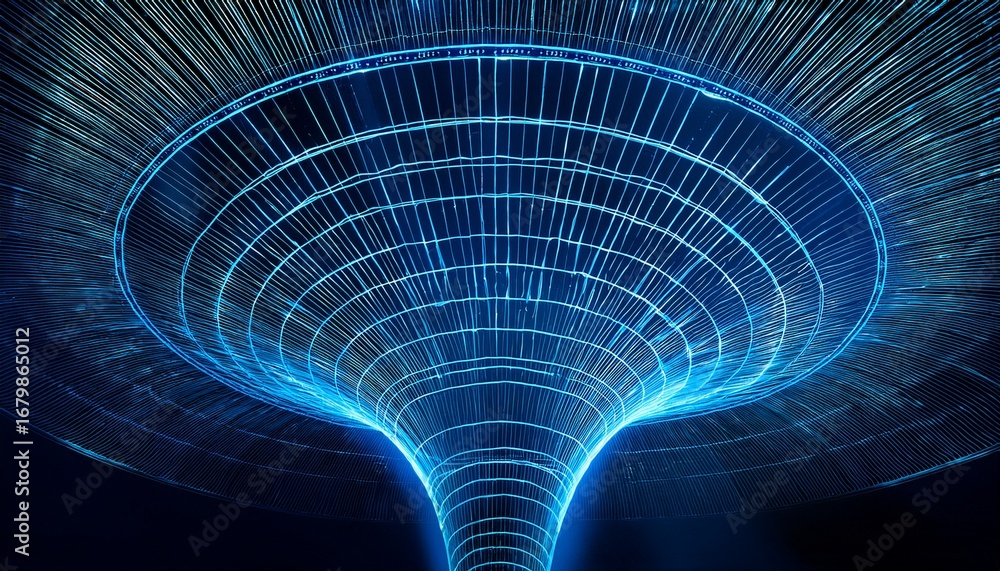 Poster mesmerizing deep blue wireframe funnel creates a futuristic and technological visual display