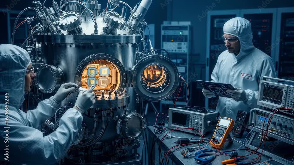 Poster engineers working on the integration of quantum annealing chips inside a highperformance cryogenic c