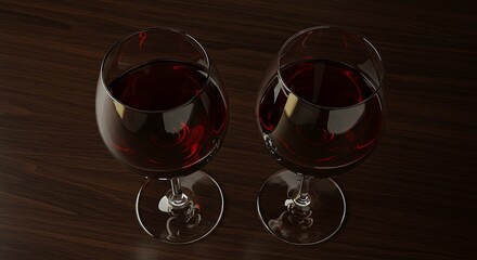Two elegant wine glasses filled with rich red wine on a dark wooden surface