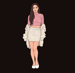 Stylish Vector Illustration of Woman in Pink Ribbed Crop Top and Cream Skirt with Matching Jacket on Black Background