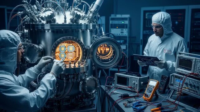 Engineers working on the integration of quantum annealing chips inside a highperformance cryogenic chamber with precision instruments.