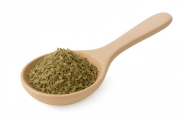 Wooden kitchen utensil grasping dried tarragon herb, transparent backdrop highlighting culinary ingredient