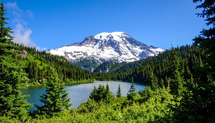 Majestic Mount Rainier reflecting in serene Tipsoo Lake surrounded by lush forest