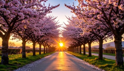 Naklejka premium A path lined with blossoming cherry trees at sunset