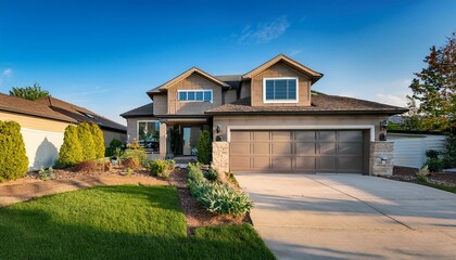 modern suburban home with lush landscaping and driveway