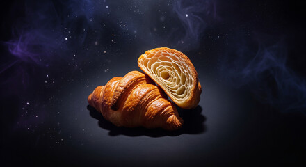 Croissant bread on a black fantasy background