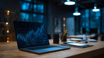 Modern workspace with a data analytics laptop and office supplies in a contemporary office environment
