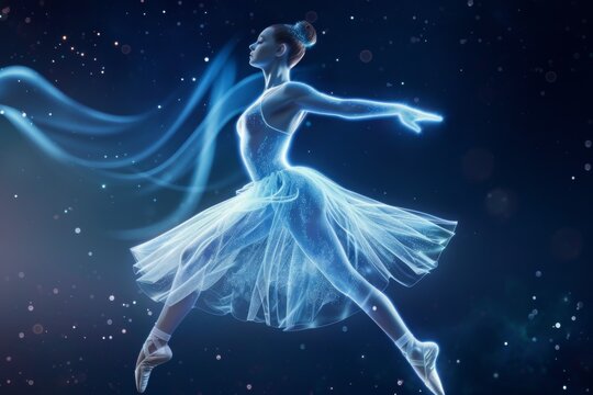 Ethereal caucasian female ballerina in a glowing dress leaping gracefully in a starry night