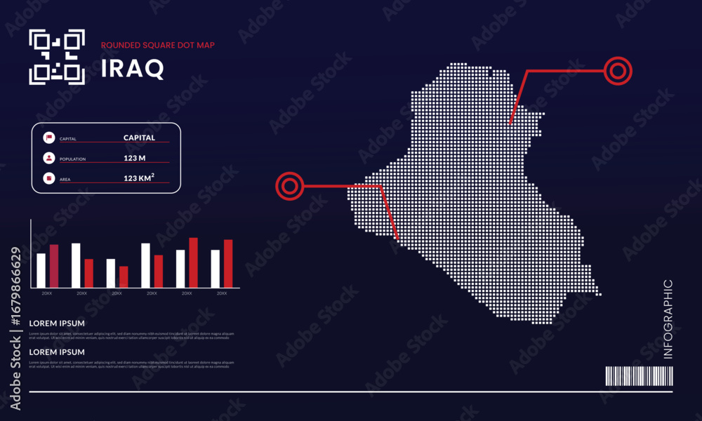 Poster rounded square dot map of iraq with infographic presentation template use for design element