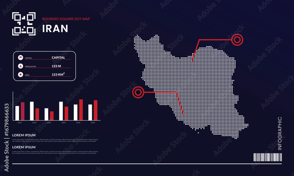 Aufkleber rounded square dot map of iran with infographic presentation template use for design element