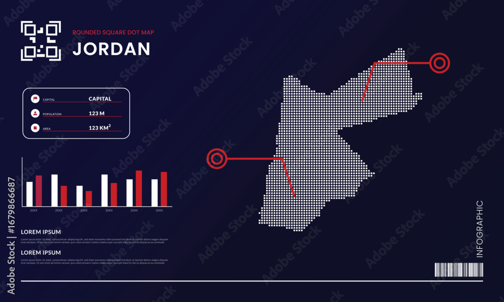 Poster rounded square dot map of jordan with infographic presentation template use for design element