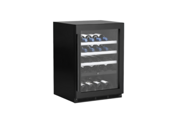 A black wine cooler with a blue and white label