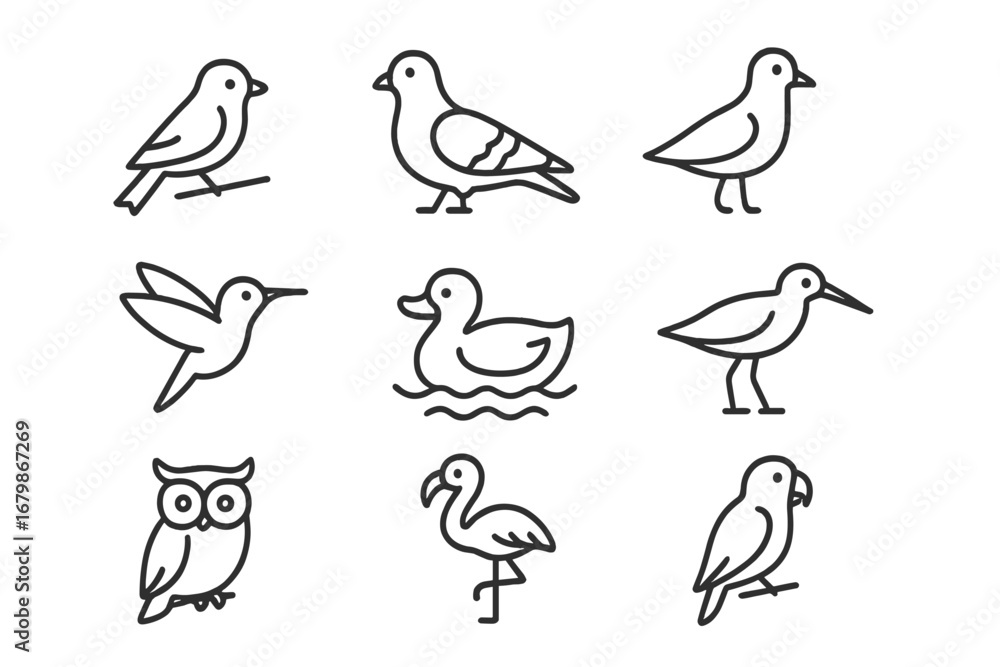 Aufkleber bird outline icon set. avian symbols and wildlife representation in simple line art style. vector ca