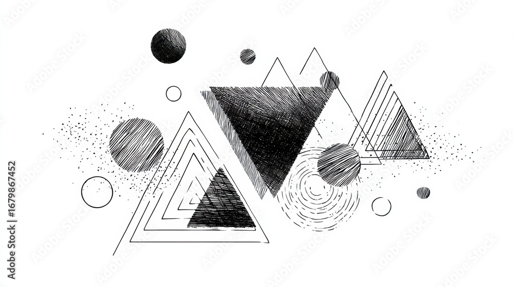 Poster abstract geometric design featuring triangles and circles with intricate textures and patterns in bl