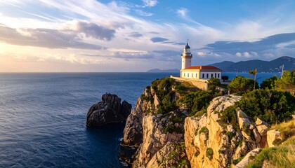 Lighthouse on a rocky cliff overlooking the sea at sunrise