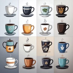 A collection of various cups and saucers, featuring different designs and colors, exuding a cozy and inviting atmosphere.