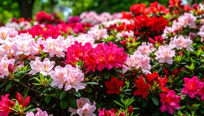 A vibrant display of pink and red azaleas, showcasing a profusion of blooms in a garden setting.
