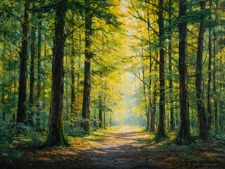 Obraz premium Serene woodland pathway bathed in golden sunlight, surrounded by tall trees with lush green and yellow leaves, evoking tranquility and connection with nature