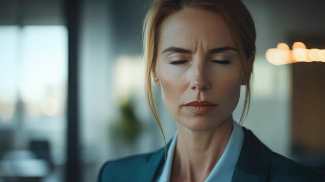 Determined, assertive professional with blue eyes gazing forward.